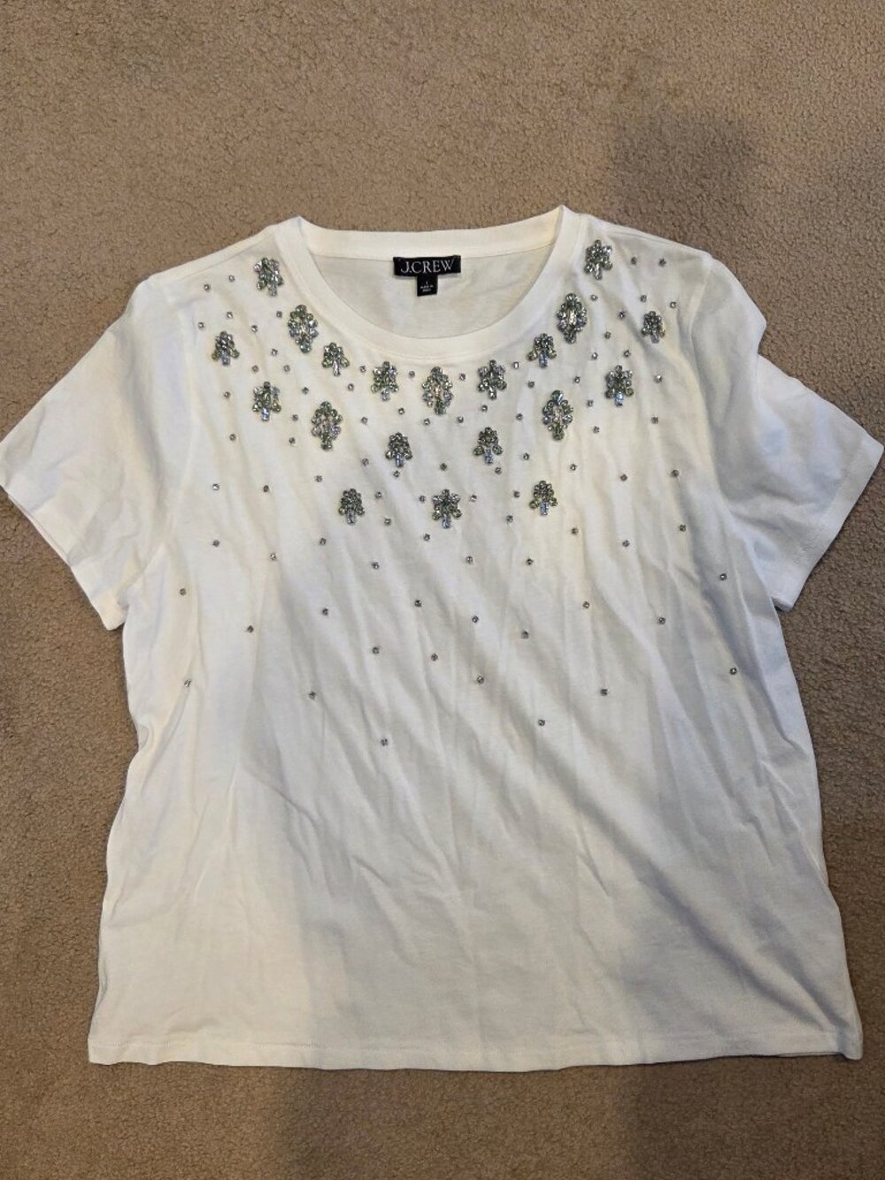 J Crew NWOT White Green Rhinestone Embellished Tee Top L